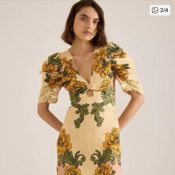 ✅ Farm Rio Linen Floral Arabesque Puff Sleeve Midi Dress – XSmall - Picture 7 of 16
